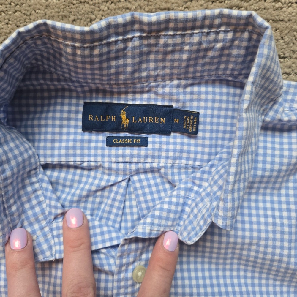 Ralph Lauren Classic Fit Mens Medium Blue Gingham Button Down Shirt Pink Pony - Picture 2 of 5